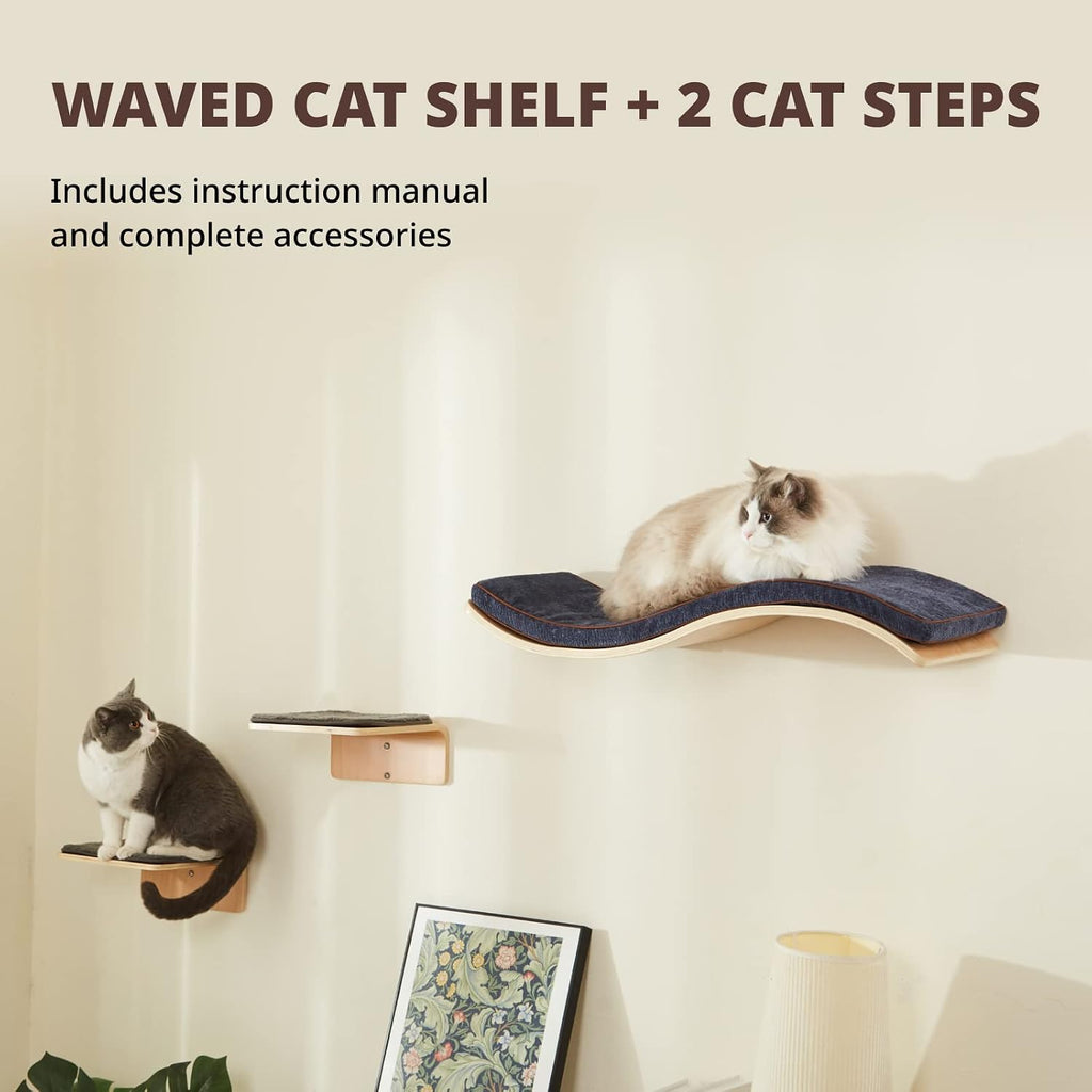 LIORCE Cat Wall Shelf with Two Steps - Wave Cat Shelves and Perches for Wall - Wall Mounted Cats Furniture for Sleeping, Playing, Climbing, and Lounging