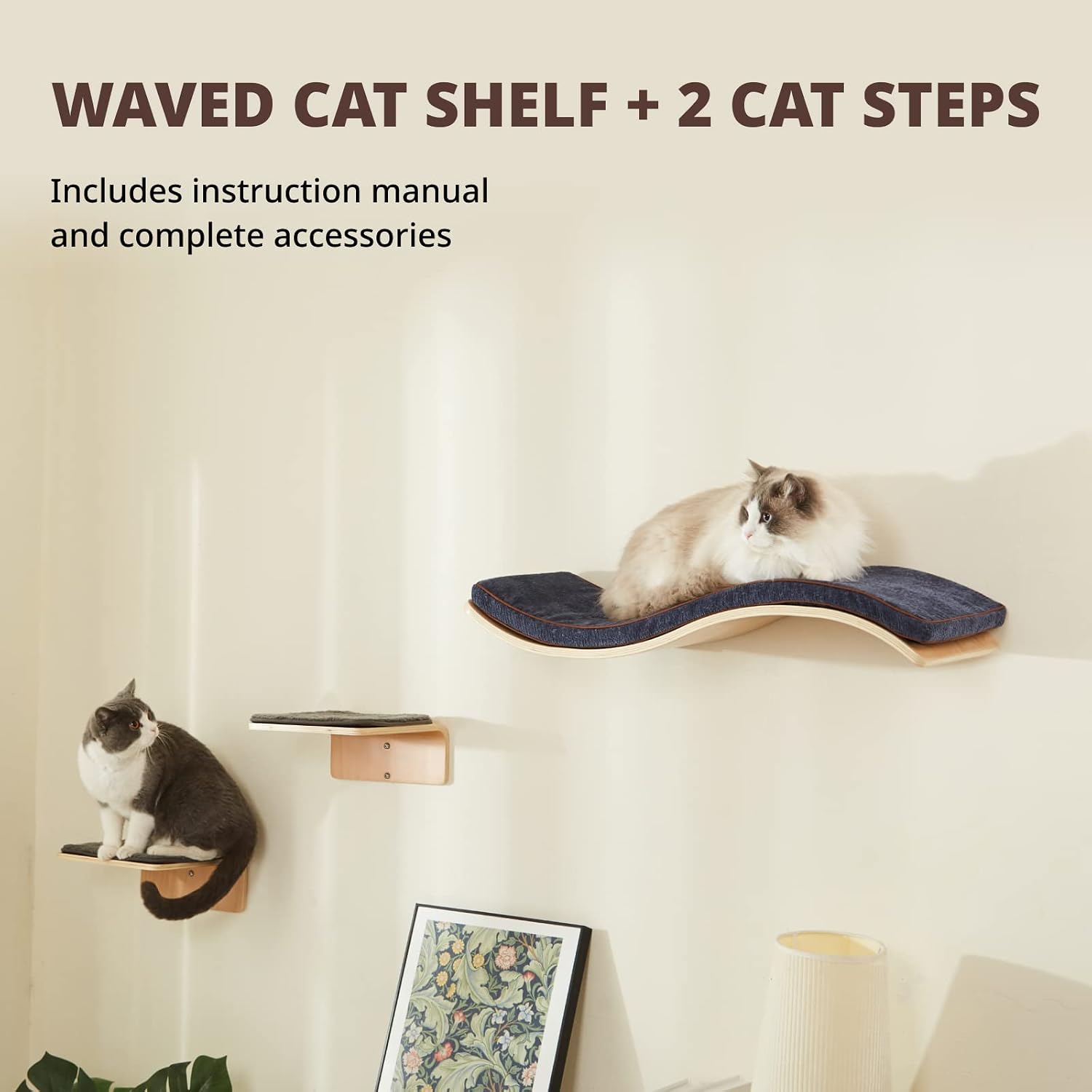 LIORCE Cat Wall Shelf with Two Steps - Wave Cat Shelves and Perches for Wall - Wall Mounted Cats Furniture for Sleeping, Playing, Climbing, and Lounging
