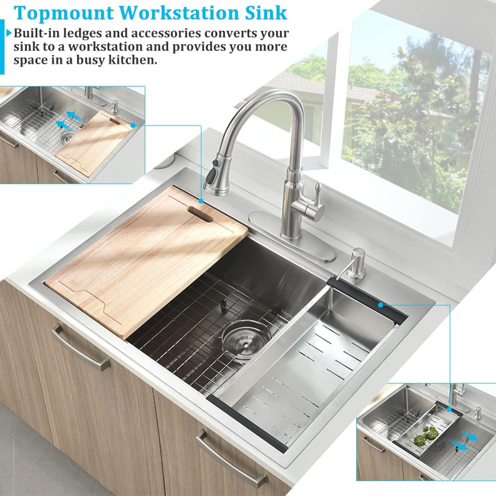 30 Inch Drop In Kitchen Sink, 30x22 Single Bowl Stainless Steel Kitchen Sink Drop in Workstation 16 Gauge Handmade with Cutting Board