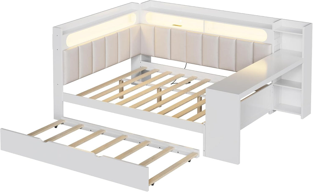 Merax Full Size Daybed with Storage Shelves and Trundle, Wooden Corner Bed with Charging Station, LED Light, Desk, Upholstered Headboard and Backrest, No Spring Box Need