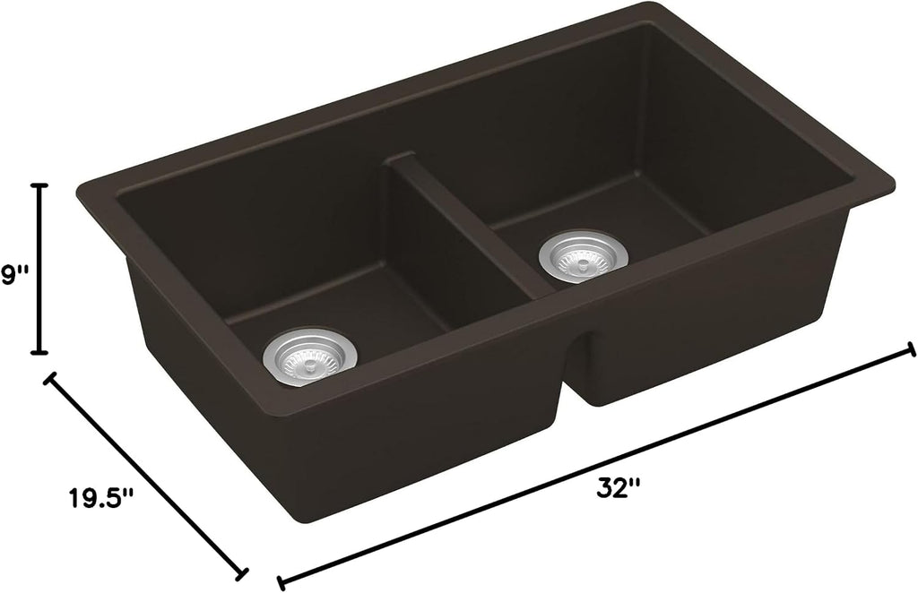 Karran 32' Brown Quartz Composite Undermount Double Bowl Kitchen Sink with Low Divider – 50/50 Equal Bowl, 80% Natural Quartz, 535°F Heat Resistant, Sound Dampening, QU-810