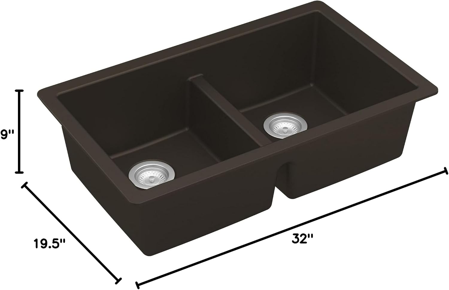 Karran 32' Brown Quartz Composite Undermount Double Bowl Kitchen Sink with Low Divider – 50/50 Equal Bowl, 80% Natural Quartz, 535°F Heat Resistant, Sound Dampening, QU-810