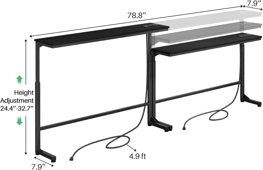 Kitstorack 2-Pack Black Console Table, 7.9' Deep Panel, Adjustable Height (25'-33') & with 2 Power Outlets, Behind Sofa Couch Table, Use Together or Separately - 78.8' Total Long
