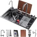 Stainless Steel Waterfall Kitchen Sink Single-Bowl Kitchen Sink with Three-in-one Pull-Out Faucet LED Digital Display Screen Pressurized Cup Washer (Color : Black, Size : 75x46x22cm) (Black 75x46