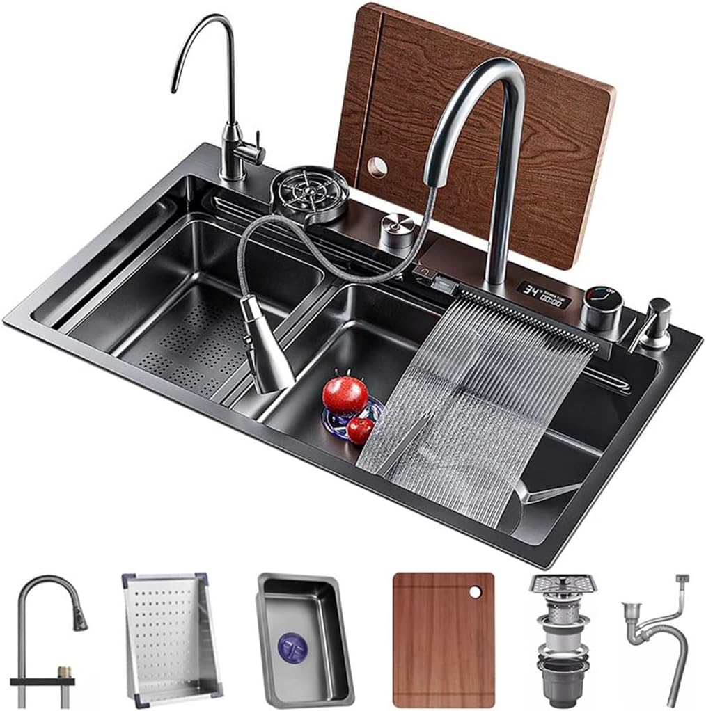 Stainless Steel Waterfall Kitchen Sink Single-Bowl Kitchen Sink with Three-in-one Pull-Out Faucet LED Digital Display Screen Pressurized Cup Washer (Black-75x46x22cm
