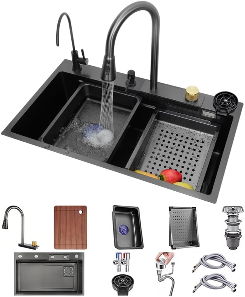 304 Stainless Steel Bar Sink Nano Single Bowl Kitchen Sink Multi-Function RV Sink with Faucet and Cup Washer Drop in Or Under Mount (Grey-68x45x21cm