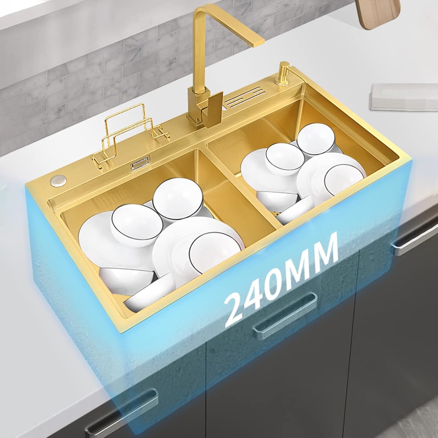 304 Stainless Steel Ro Kitchen Sink Gold Double Bowl Bar Prep Sink Multi-Purpose RV Sink with Faucet and Drain Assembly Drop in Or Under Mount (Color : Gold-a, Size : 78x46x24cm)