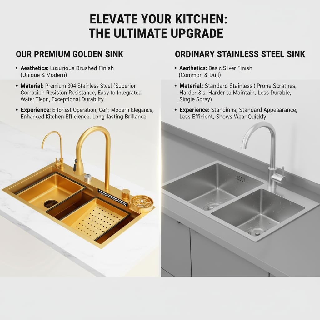 Gold Nano Stainless Steel Kitchen Sink - Single Bowl Workstation with Integrated Waterfall Pull-Out Faucet & Complete Accessory Set (31.5 X 17.7 Inch)