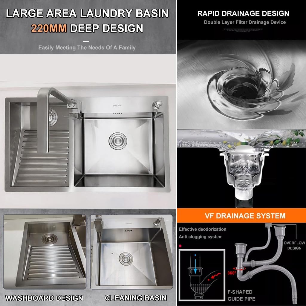 Bathro Sinks with Washboard Large 304 Stainless Steel Laundry Sink Multifunctional Kitchen Sink with Big Bend Faucet and Drainage Cponent (Color : Silver, Size : 70x48x21cm)