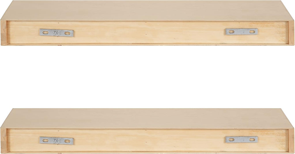 Kate and Laurel Havlock Modern Natural Floating Shelves; Set of 2; 24 x 8; Natural Wood; Mid-Century Bathroom and Kitchen Shelves for Storage and Display