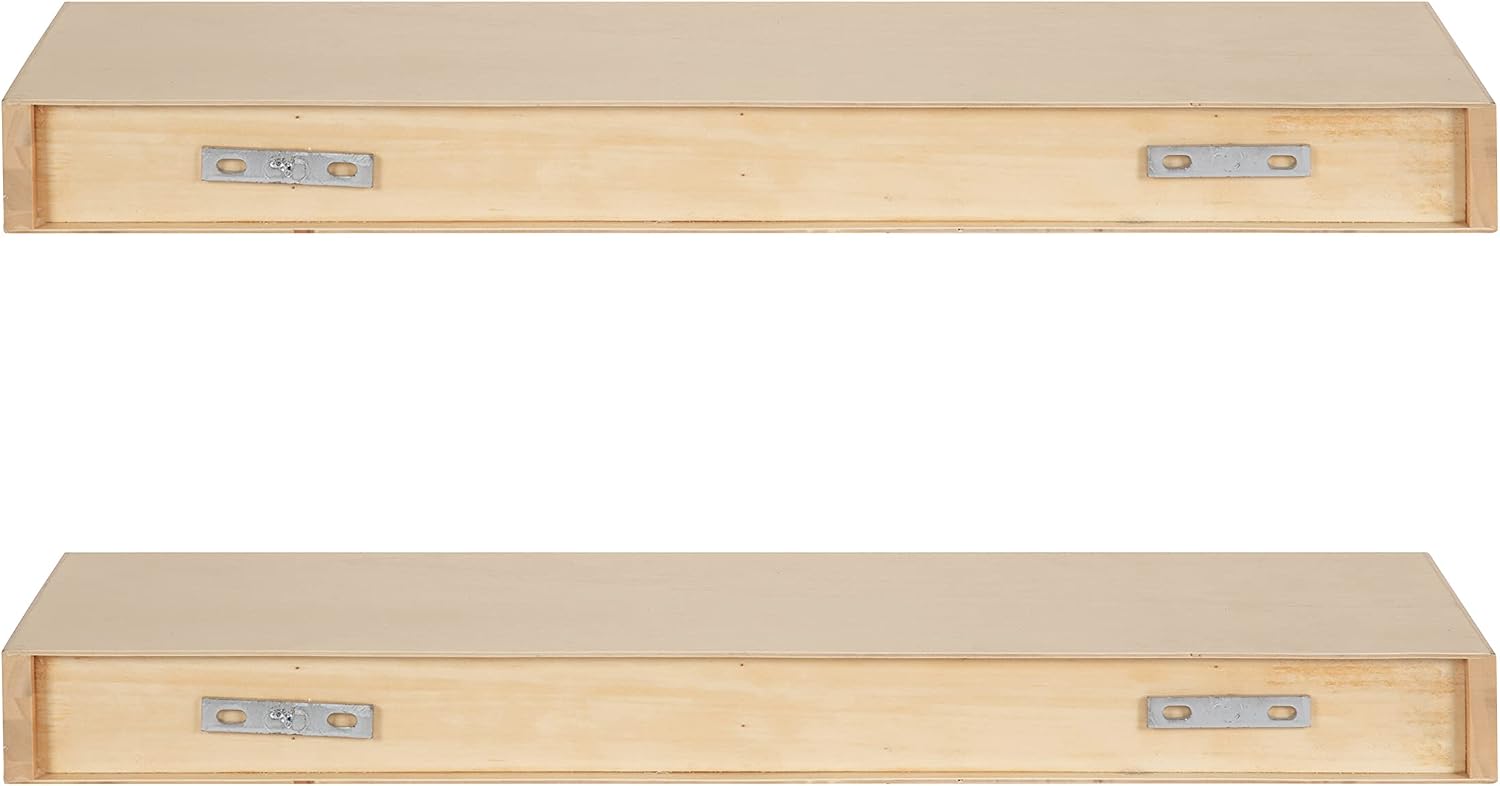 Kate and Laurel Havlock Modern Natural Floating Shelves; Set of 2; 24 x 8; Natural Wood; Mid-Century Bathroom and Kitchen Shelves for Storage and Display