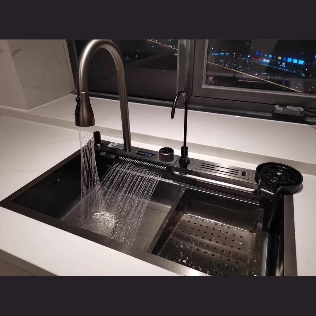 Waterfall Kitchen Sink Stainless Steel Single-Bowl Kitchen Sink with Multi-functional Digital Display Fly Rain Pull-Out Faucet Glass Rinser (Color : Black, Size : 80x46x22cm) (Black 75x46x22cm)
