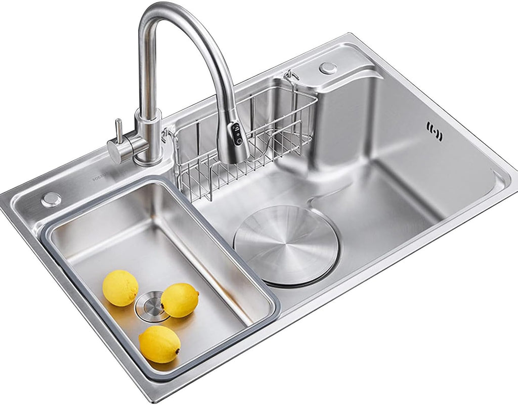304 Stainless Steel Single Bowl Kitchen Sinks, Rectangular Handmade Large Kitchen Sink with Faucet Combo and Hanging Basket, 3 Holes Available, Silver,68 * (