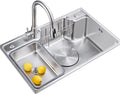 304 Stainless Steel Single Bowl Kitchen Sinks, Rectangular Handmade Large Kitchen Sink with Faucet Combo and Hanging Basket, 3 Holes Available, Silver,68 * (