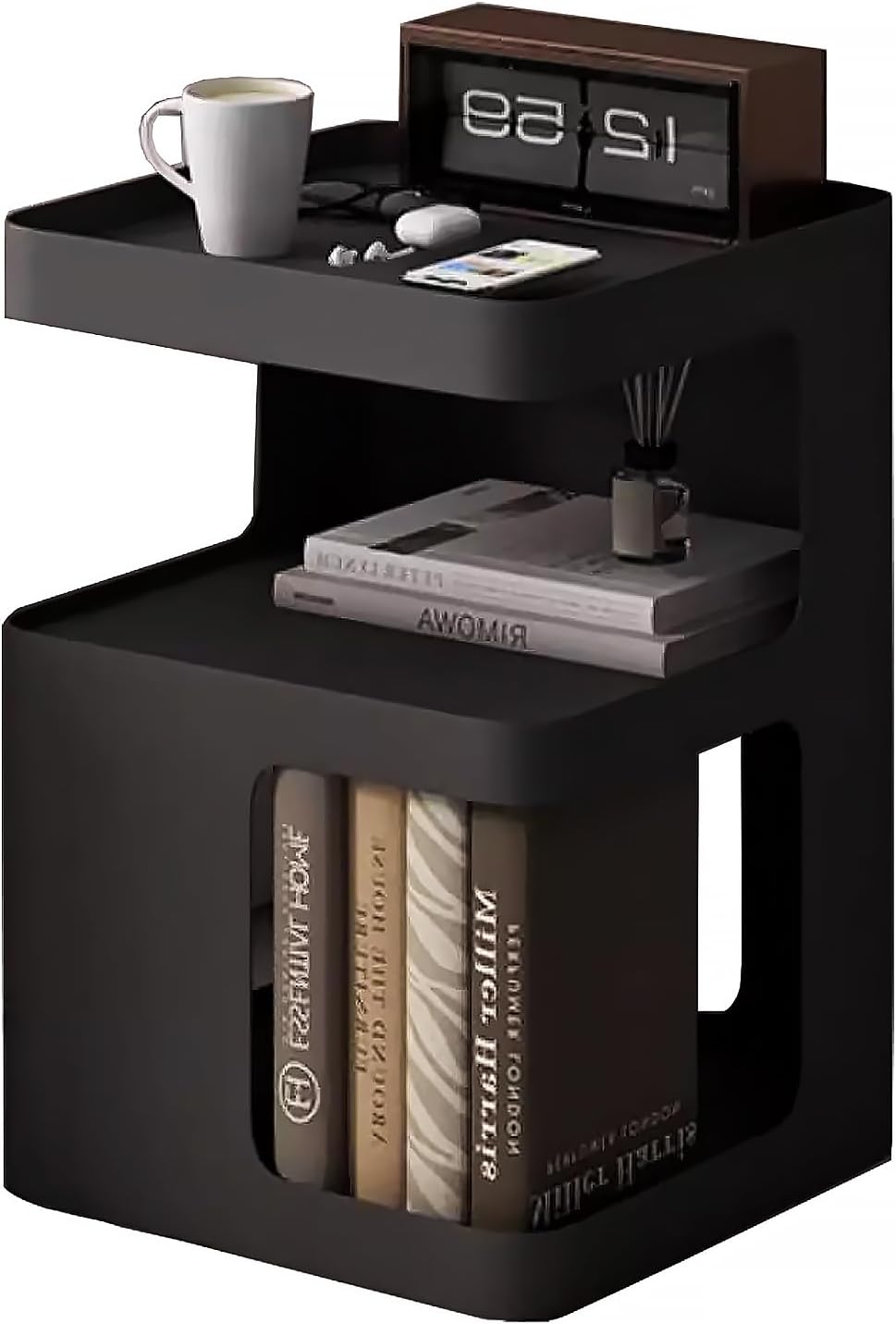 Black Side Table,Modern end Table for Sofa & Couch,3-Tier Metal nightstand,Small Bedside Table with Storage for Bedroom,Living Room,Small Space.No Assembly Required