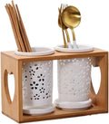 Cup Storage Holder,Bamboo Utensil Holder Set - 3 Ceramic Caddies with Drain Tray for Kitchen Counter, Ideal for Spoon, Fork & Knife Organization，M 8.27in