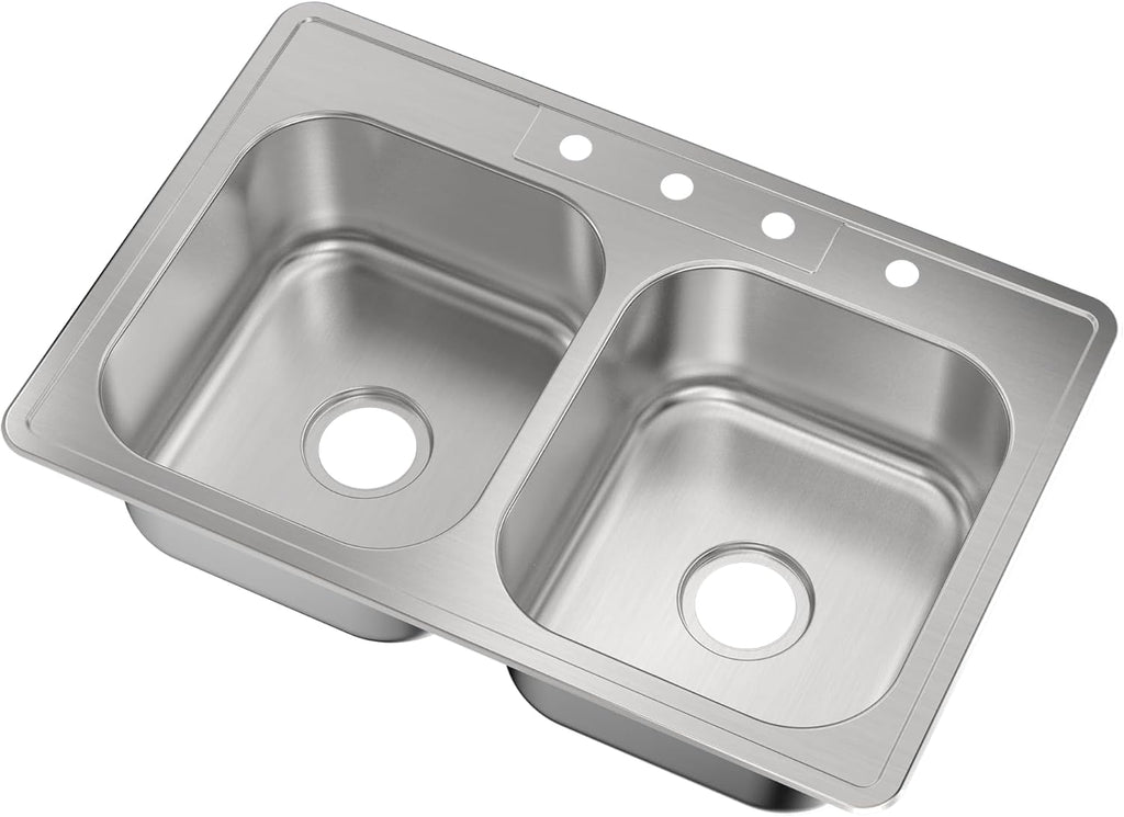 Kitchen Sink Stainless Steel Drop in Top Mount 33' x 22', 4 Hole (33 inch Drop-in Topmount 50/50 Double Bowl with Strainers)