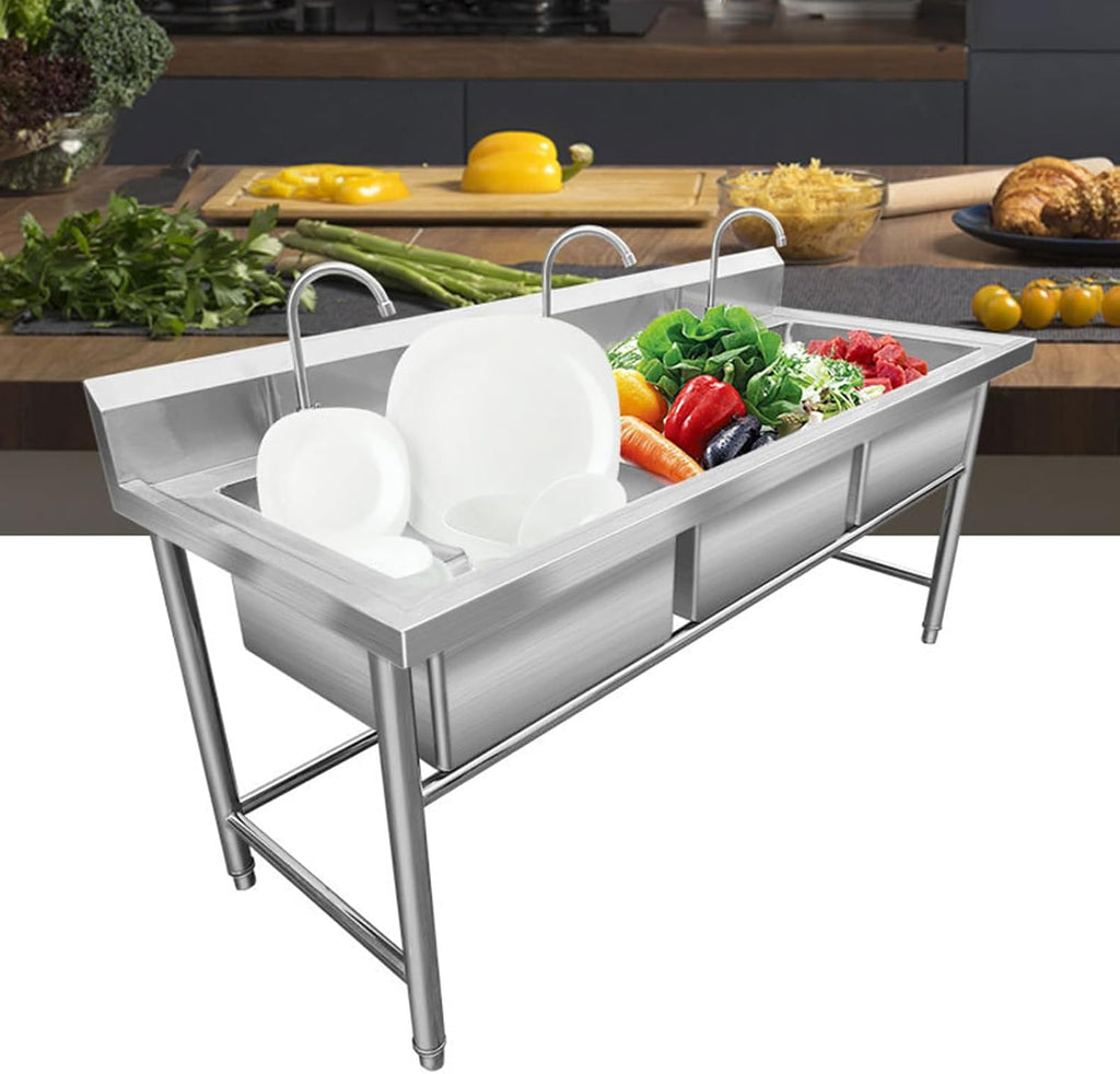 3-Compartment Commercial Stainless Steel Sink, Freestanding Triple Bowl Kitchen Sink, 59' L x 23.6' W x 31.5' H