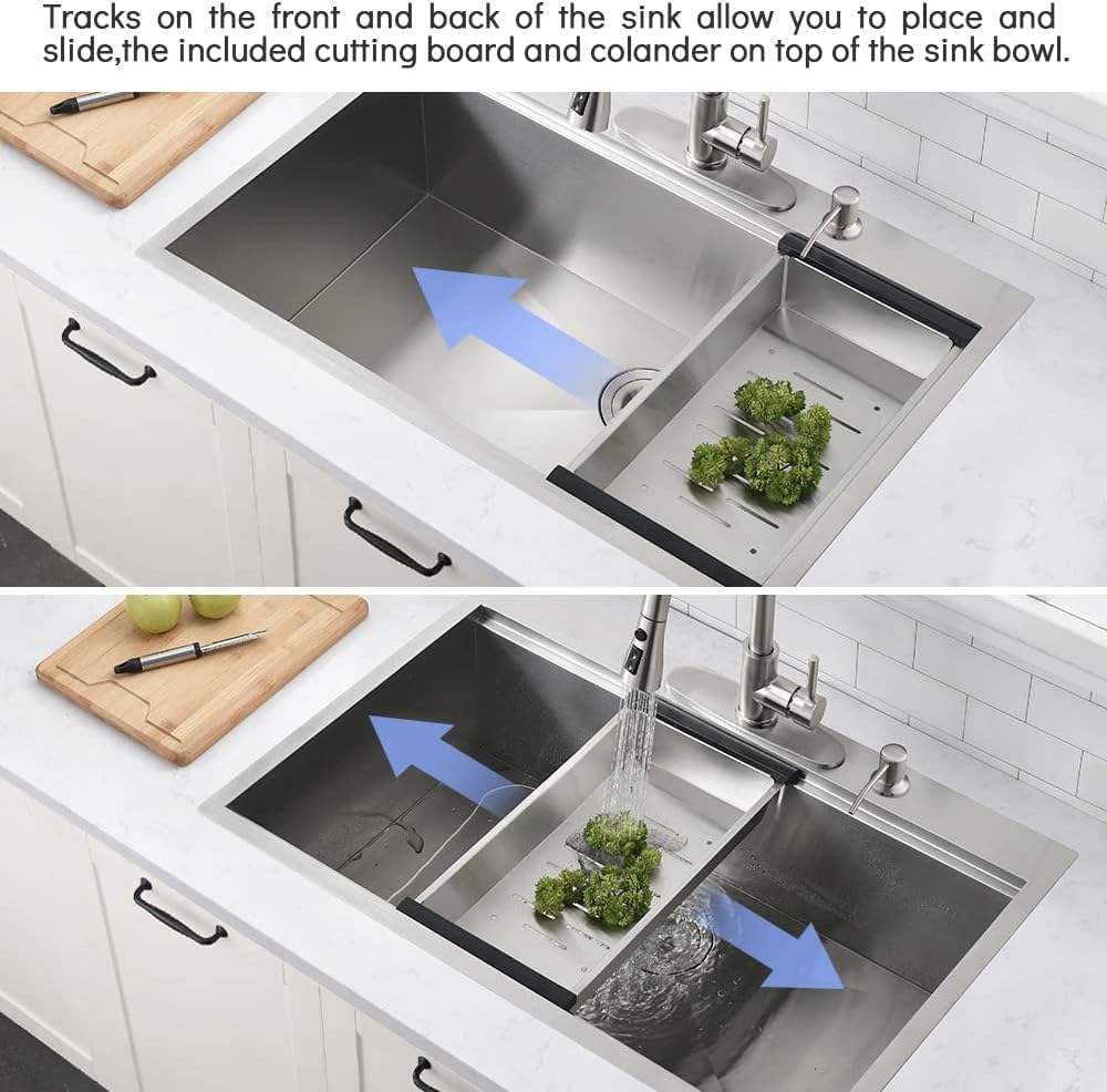 30 Inch Drop In Kitchen Sink - VOKIM 30 x22 Inch Drop In/Topmount Sink Workstation 16 Gauge Stainless Steel 10'' Deep Handmade Kitchen Sink with Cutting Board& Strainer