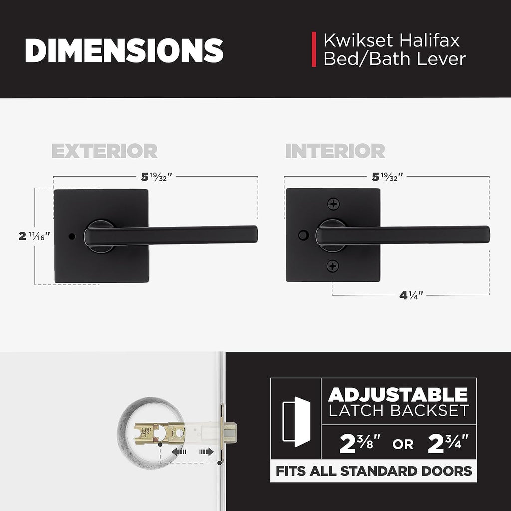 Kwikset Halifax Interior Privacy Door Handle with Lock, Door Lever for Bathroom and Bedroom, Matte Black, Reversible Keyless Turn Lock, with Microban Protection, 4 Pack
