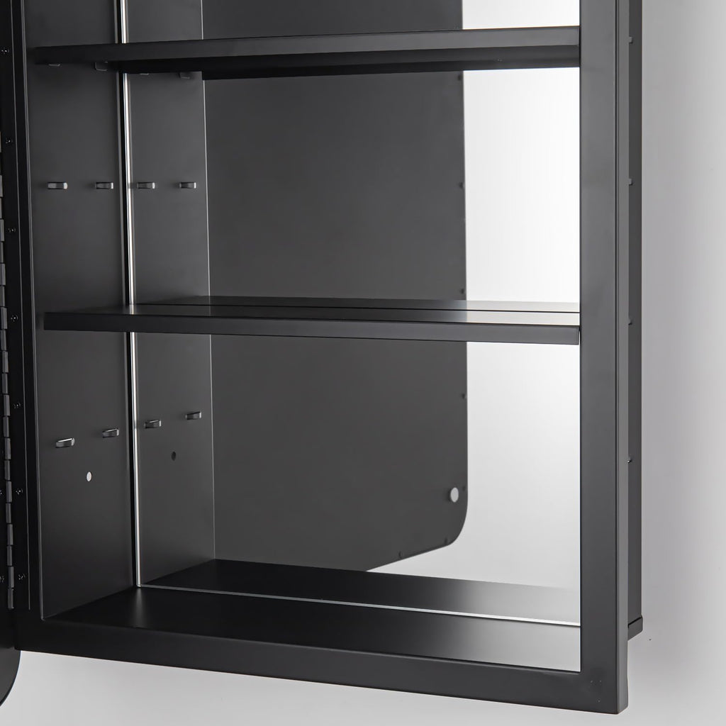 Black Bathroom Medicine Cabinet with Mirror 17 x 27 Metal Frame Recessed Or Wall Mounted Single Door Storage Medicine Cabinets with Adjustable Shelves Rounded Corner Beveled Mirrors