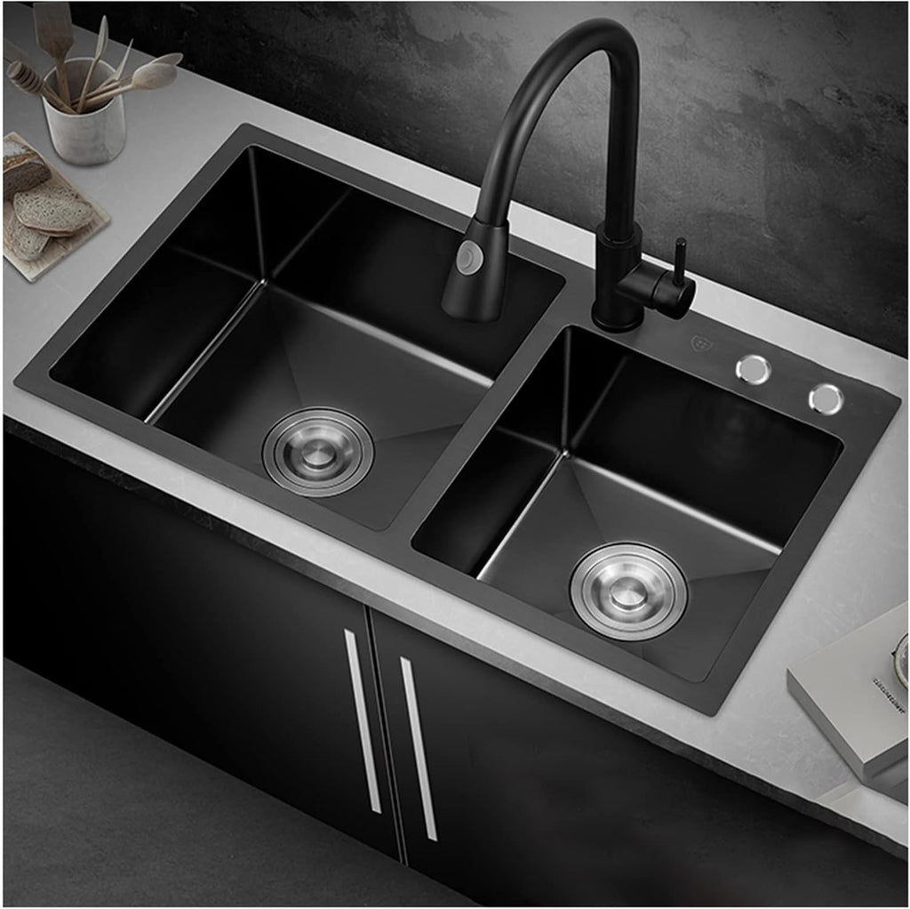 Black Double Bowl Kitchen Sink 304 Stainless Steel Bar Sink Square RV Sink with Faucet & Drain Top Mount Or Undermount (Color : Black-c, Size : 88x48x22cm)