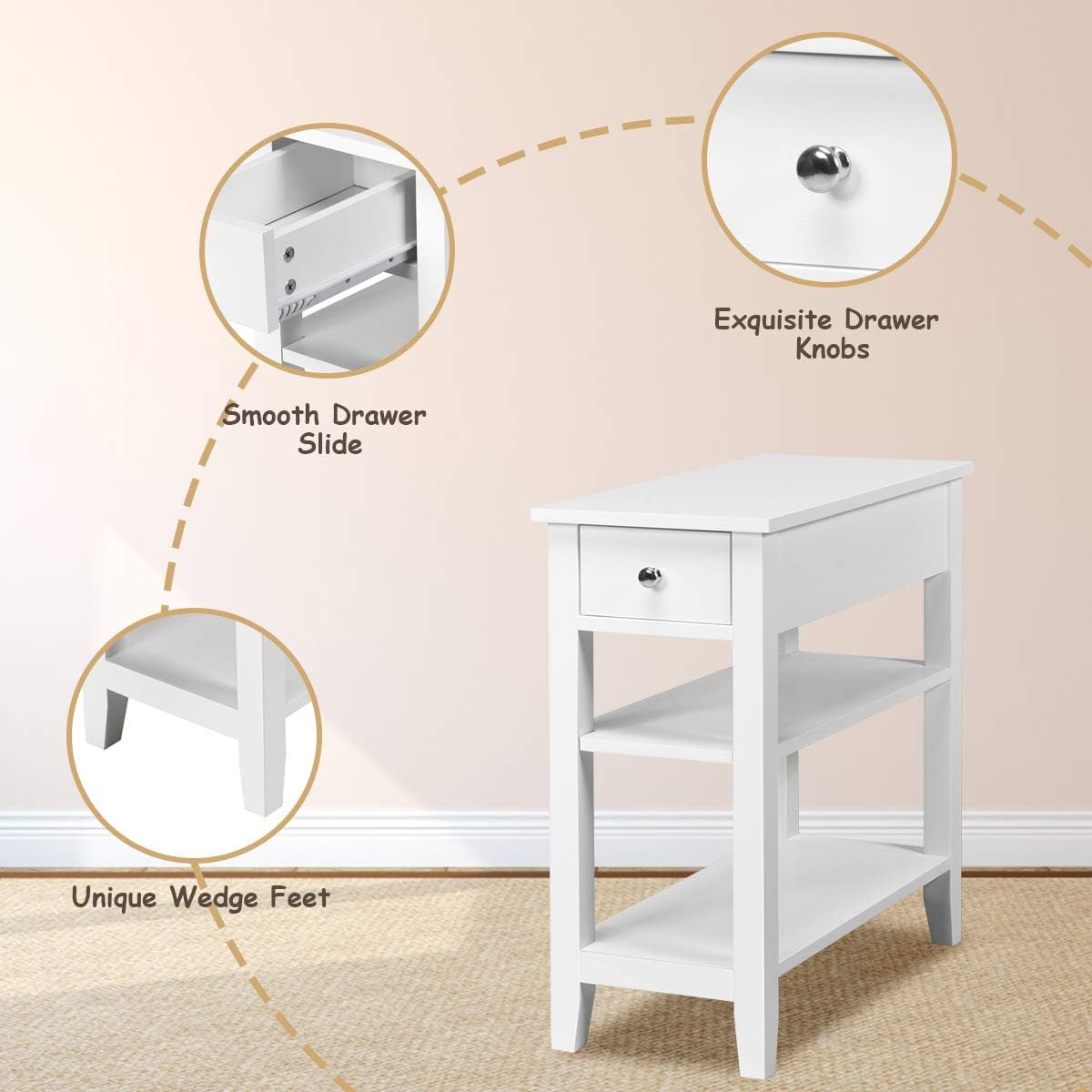 Giantex Narrow End Table Set of 2, Small Side Table with Drawer and Shelf, Wood Accent Sofa Table, Skinny Nightstand for Small Space Living Room Bedroom, White