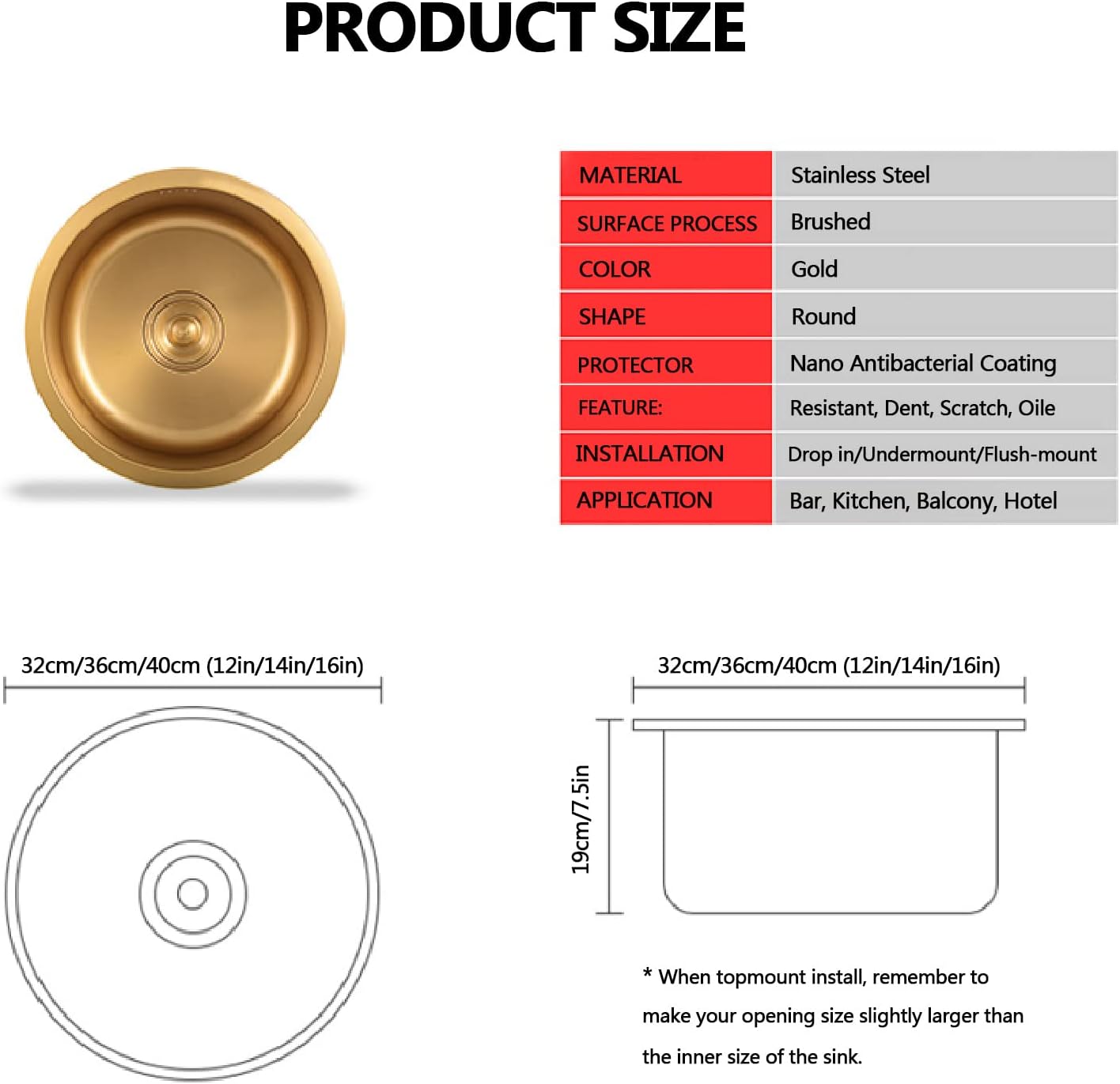 Bar Sink Drop in with Faucet, Small Stainless Steel Sink Faucet Combo Kitchen, Single Bowl Undermount Kitchen Sink,Round Gold Kitchen Sink Kit for Home, Bar, Cafe and Balcony