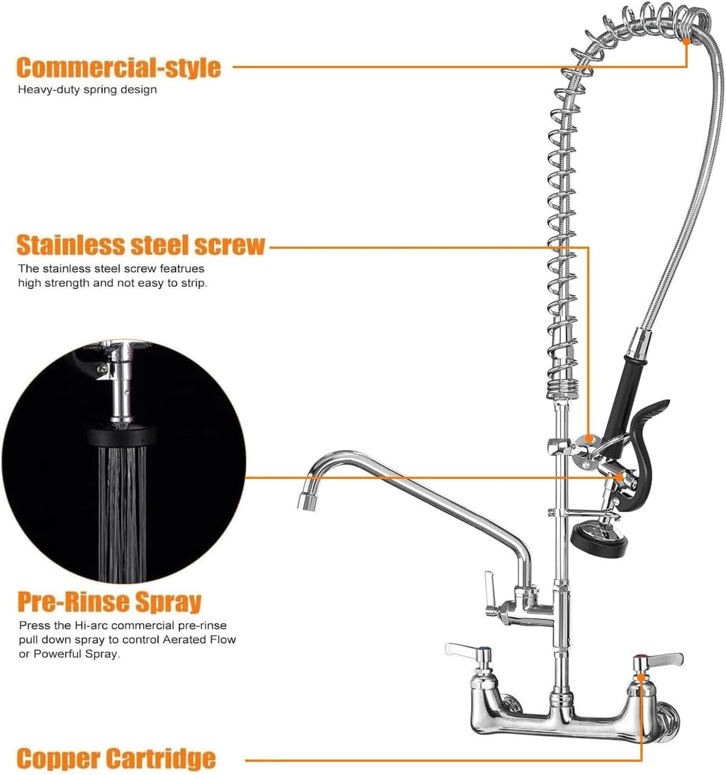Commercial Faucet with Sprayer for Kitchen Staff: 43 Inches Commercial Faucet Pre Rinse Sprayer 8 inch Center Wall Mount Kitchen with 12 inch Add on Spout