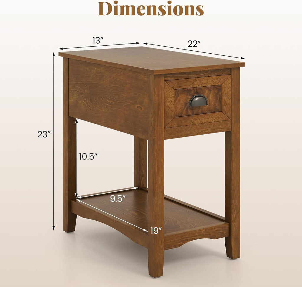 Giantex End Table with Drawer, Retro Narrow Side Table, Nightstand with Solid Wood & Storage Shelf, Bedside Table for Living Room Bedroom Small Space Home Office (2, Tawny)