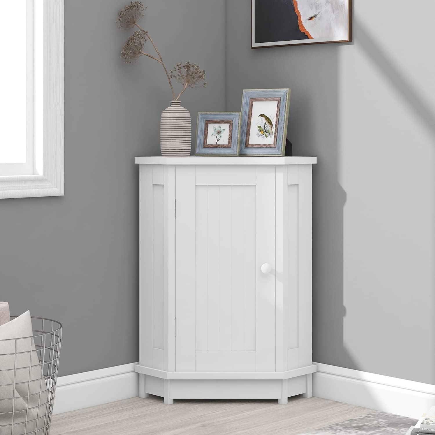 Merax Corner Cabinet White Bathroom Floor Storage with Adjustable Shelves for Kitchen, Living Room