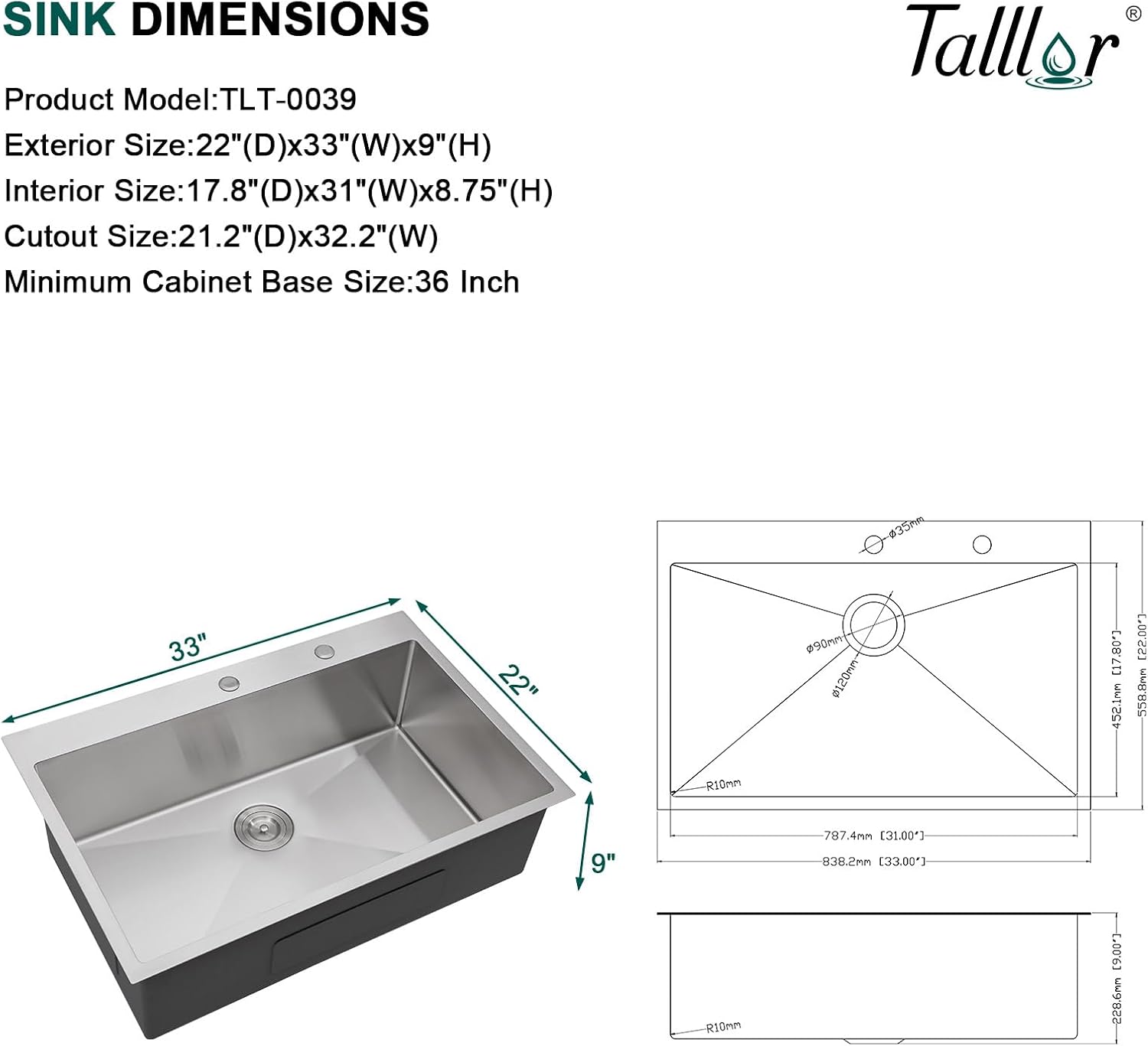 33x22 Drop in Kitchen Sink - 33 Inch 16 Gauge Stainless Steel Topmount Kitchen Sink Single Bowl Deep Over Counter Rectangular Sinks Basin Round Corners #TLT-0039