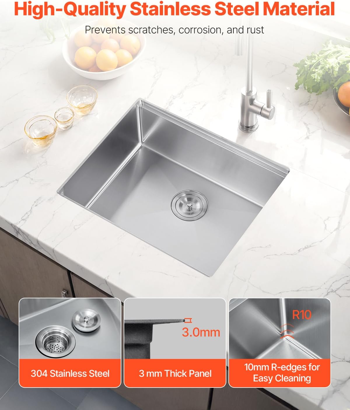 VEVOR 23 inch Kitchen Single Sink, 304 Stainless Steel Undermount Sink Drop-In Single Bowl Farmhouse Basin with Ledge & Multiple Accessories, Household Dishwasher Sinks for Prep Kitchen, Bar 23'*19'