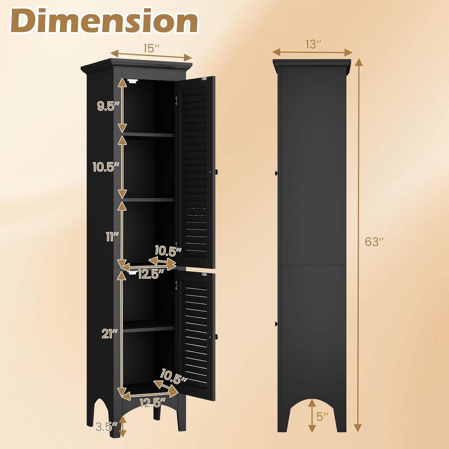 Tangkula 63' Tall Bathroom Storage Cabinet, Freestanding Narrow Linen Tower with Adjustable Shelf, Modern Slim Floor Cabinet with 2 Doors for Bathroom, Living Room, Kitchen (Black)