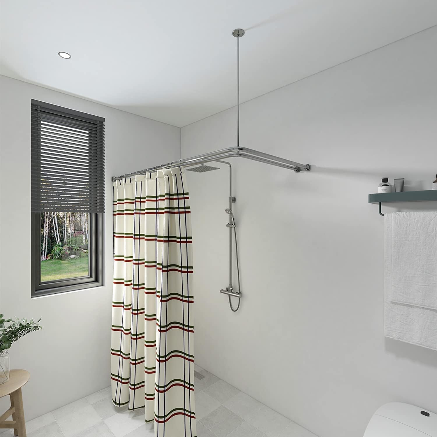 Naiture Dual Corner Rods Double Corner L Shaped Shower Curtain Rod with T Shape Ring Ceiling Support, Stainless Steel 60'' x 30'', Brushed Nickel Finish