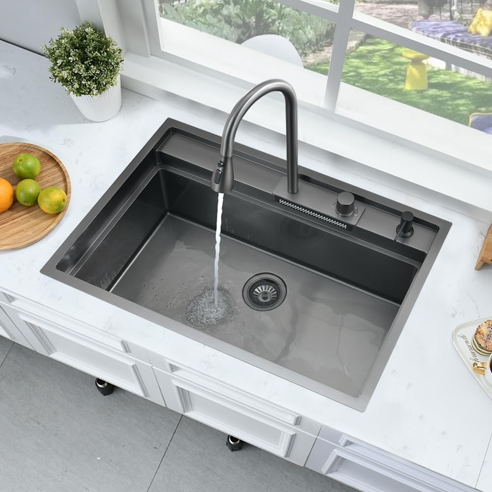 33 Inch Black Drop In Waterfall Kitchen Sink Workstation -Bokaiya 33x19 Black Stainless Steel Sink with Faucet Combo 16 Gauge 10' Deep Top Mount Single Bowl Modern Kitchen Sink