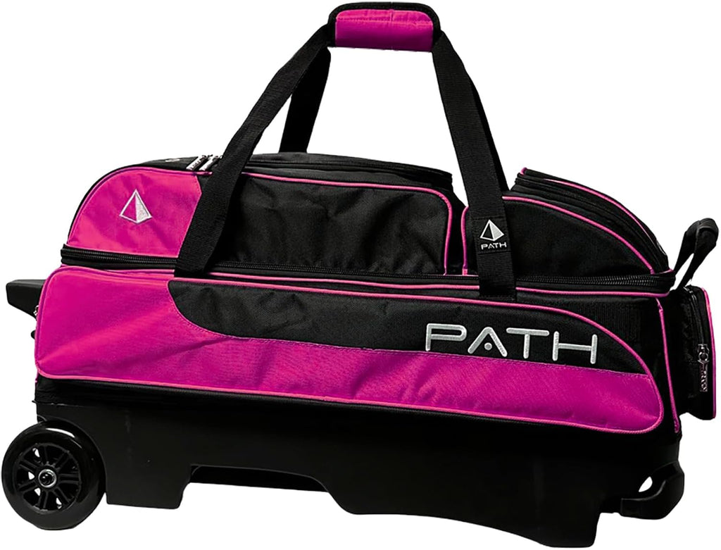 Pyramid Path Triple Premium Deluxe Roller Bowling Bag With Extra Large Separate Shoe Compartment (Up To US Mens Size 16) and 5 Accessory Pockets, 5' Wheels, Retractable Locking Handle - Extends to 42'