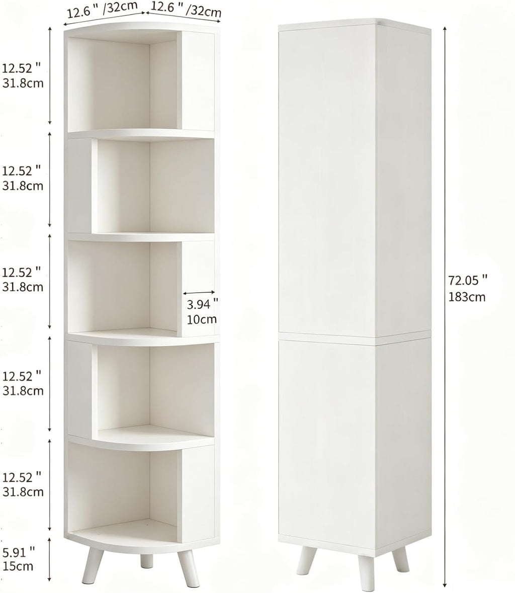 5-Tier Corner Shelf, Tall Modern Corner Bookshelf, 5 Shelf Corner Bookcase with Baffle, Freestanding Wood Corner Display Storage Shelf Organizer for Living Room, Office (White)