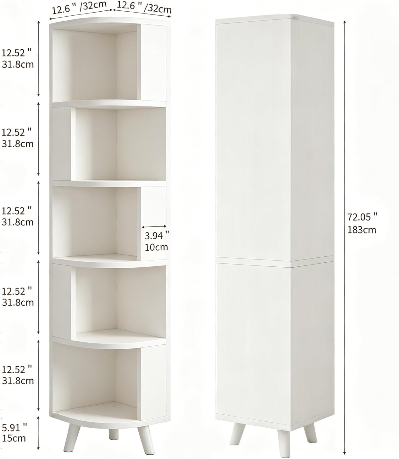 5-Tier Corner Shelf, Tall Modern Corner Bookshelf, 5 Shelf Corner Bookcase with Baffle, Freestanding Wood Corner Display Storage Shelf Organizer for Living Room, Office (White)