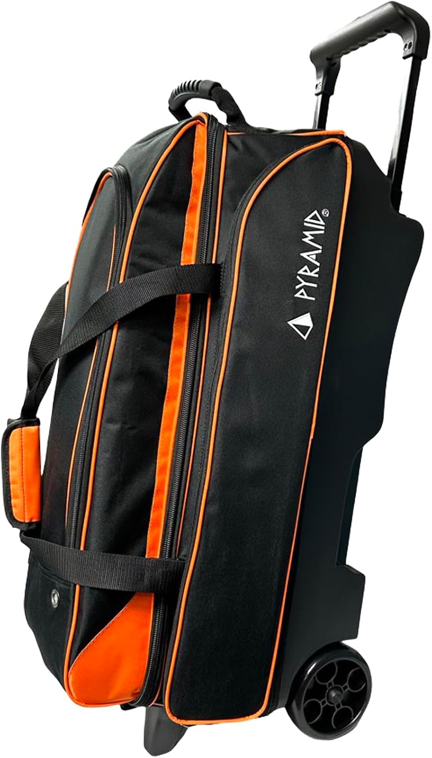 Pyramid Prime Triple Roller 3-Ball Bowling Bag with Extra Large Shoe Compartment (Fits Two Pairs of US Mens Size 15), Retractable Locking Handle (Extends to 41.5'), 1 Large Accessory Pocket, 5' Wheels