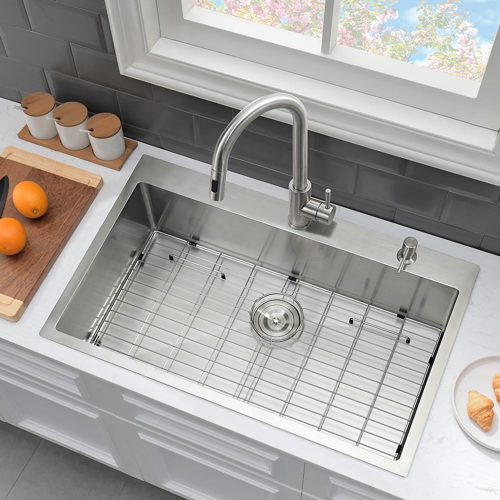 33 x 22 Drop In Kitchen Sink and Faucet Combo Set-VASOYO Stainless Kitchen Sinks Drop In Topmount Stainless Steel Deep Single Bowl Overmount Sink with Faucet