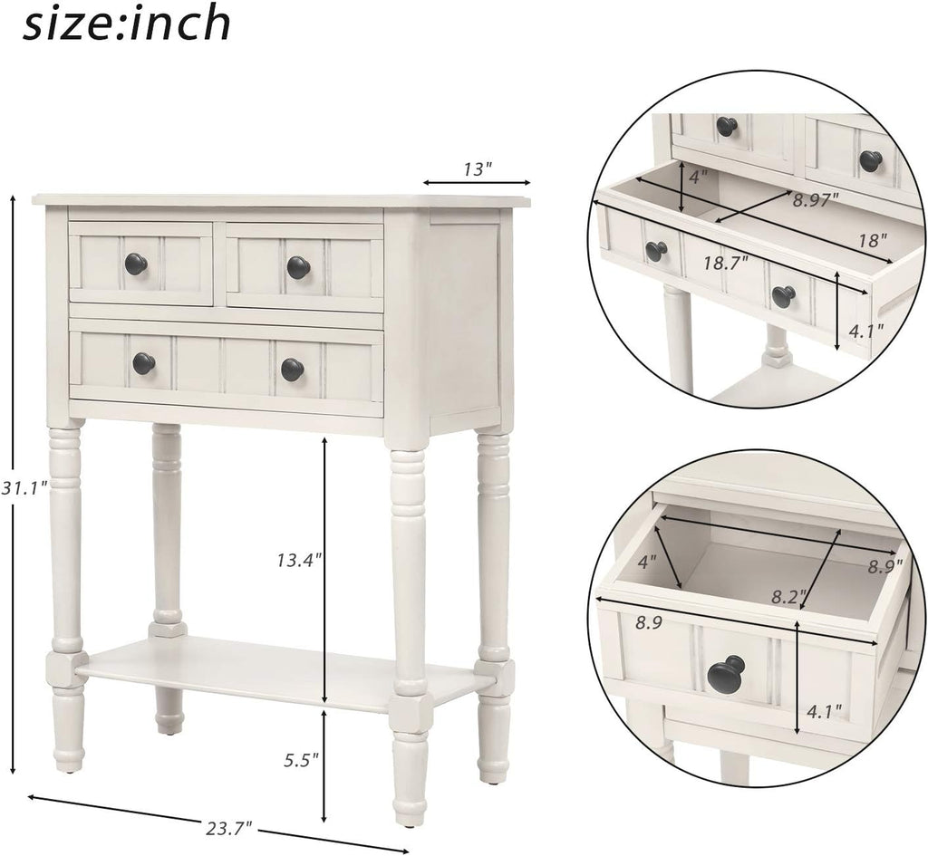 Knocbel Slim Antique Entry Console Table with Drawers & Bottom Open Shelf, Solid Wood Sofa Couch Table for Entryway Hallway Living Room (Ivory White)
