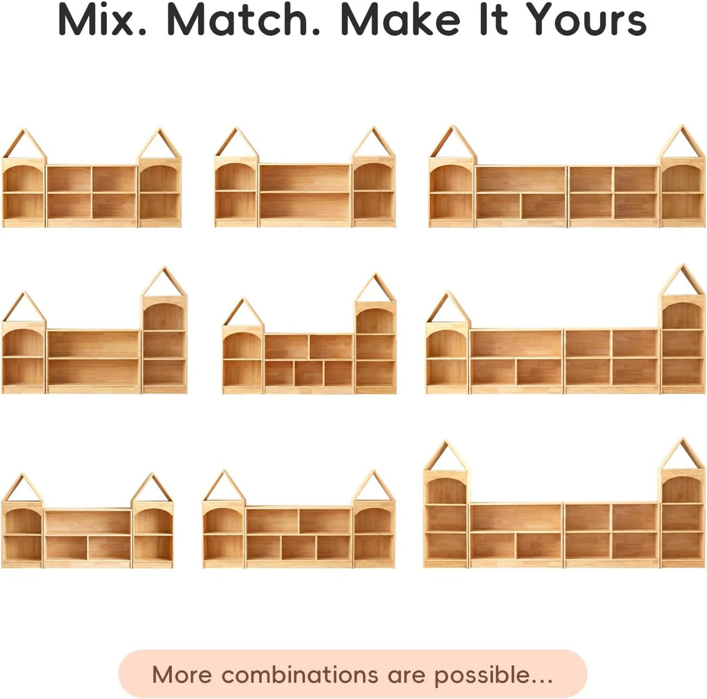 OOOK Rubber Wood 5-Compartment Montessori Shelf, 43.3' L, 2-Tier Toy Organizers and Storage, Wooden Storage Cabinet for Kids Room, Playroom, Nursery, Classroom, Kindergarten