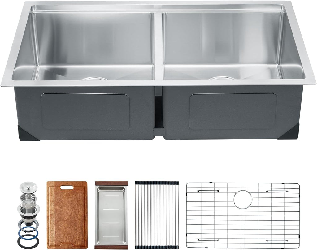 VEVOR 33 inch Kitchen Double Sink, 304 Stainless Steel Undermount Sink Drop-In Single Bowl Farmhouse Basin with Ledge & Multiple Accessories, Household Dishwasher Sinks for Prep Kitchen, Bar 33'*19'