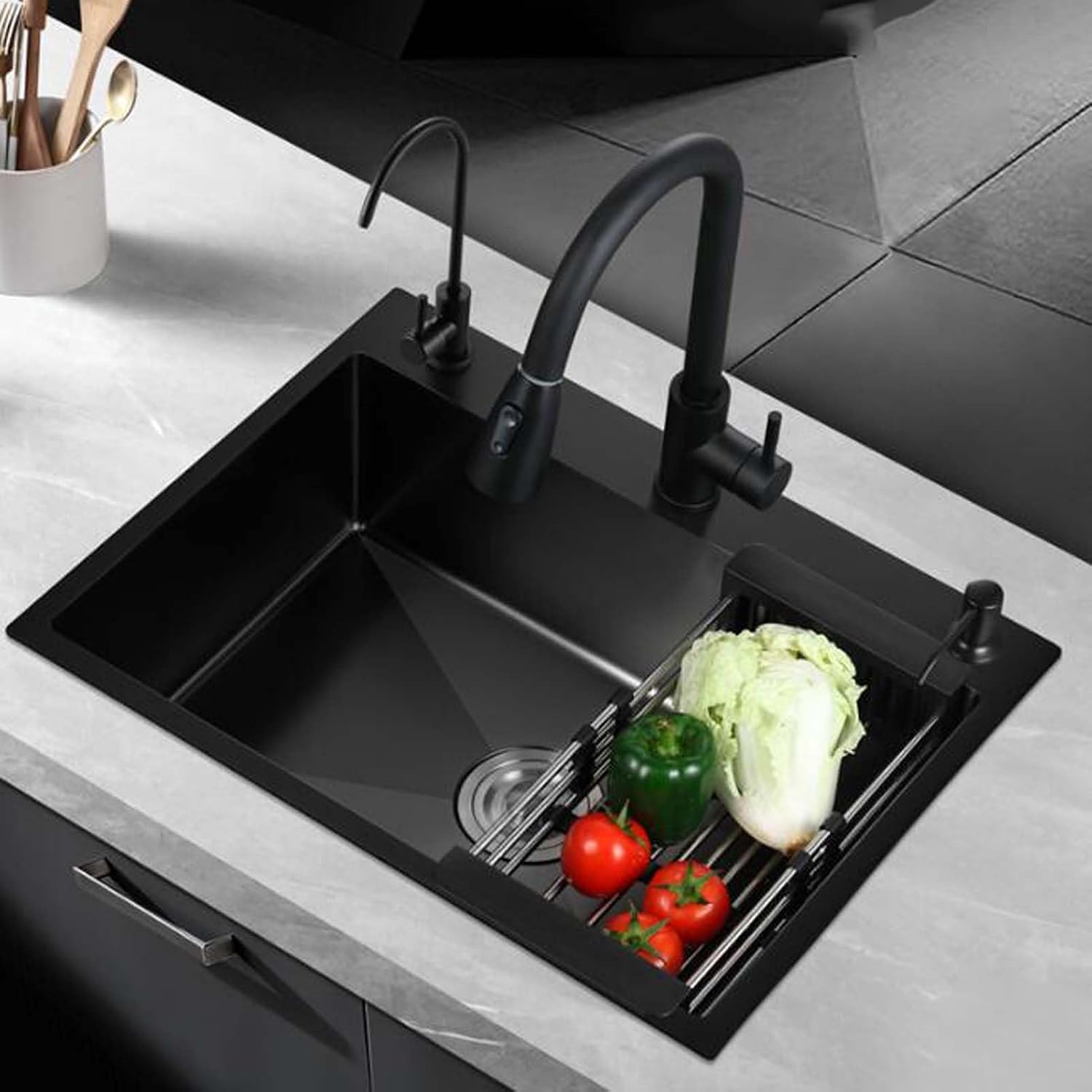 Workstation Kitchen Sink Black 60x45cm, Single Bowl Kitchen Sink Drop in, Stainless Steel Farmhouse Kitchen Sinks, Undermount Kitchen Sink, for Indoor (65x45cm