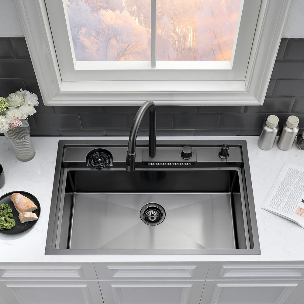 33 Black Drop In Waterfall Kitchen Sink Workstation-VASOYO 33x22 Black Stainless Steel Waterfall Kitchen Sink with Facuet and Cup Washer 16 Gauge Multifunctional Deep Single Bowl Topmount Smart Sinks