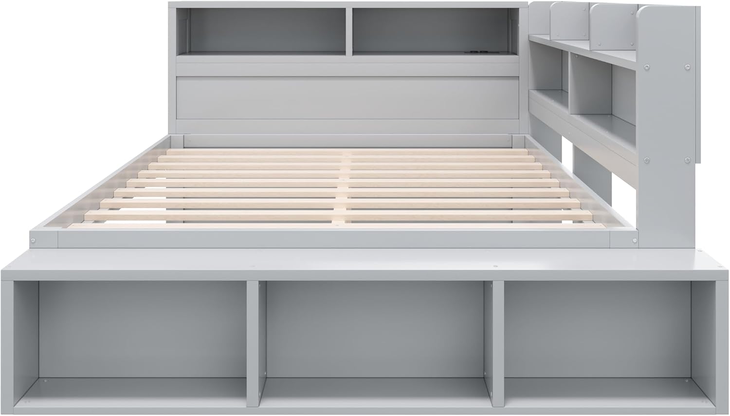 Merax Full Size Daybed with Storage Cabinets, Shoe Cabinet and USB Ports for Kids or Teens, Wood Full Daybed with Headboard, L-Shaped Corner Bed Full Size for Guestroom Living Room or Bedroom, Gray