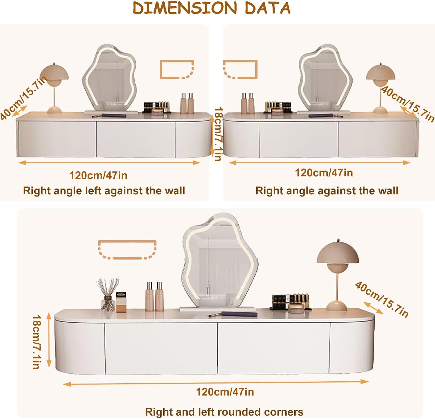 Floating Makeup Vanity for Wall, White Corner Floating Desk Dresser, Wall Mounted Floating Dressing Table with Storage, Small Wood Vanity Desk with Mirror and Lights, Bedside Vanity with Shelf Bedroom