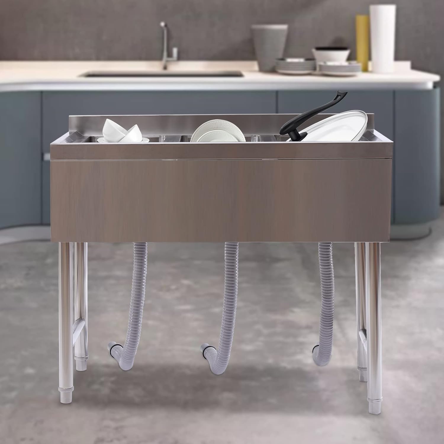 Stainless Steel Utility Sink, Triple Bowl Freestanding Commercial Kitchen Sink, 3 Compartment Washing Hand Basin Utility Sink for Restaurant Garage Laundry, L38.5*W18.8*H33in