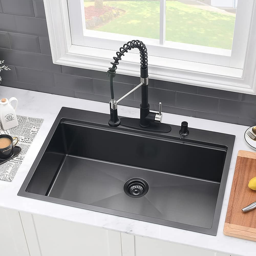 33 Inch Black Drop In Kitchen Sink Workstation-VASOYO 33x22 Kitchen Sink Drop In Black Stainless Steel Top Mount 16 Gauge Deep Single Bowl Overmount Sinks with Cutting Board